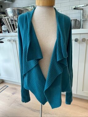 Inhabit Teal Open-Front Waterfall Collar  Women’s 100% cashmere Cardigan